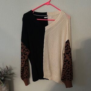 Colorblock Sweater with Leopard Print Sleeves